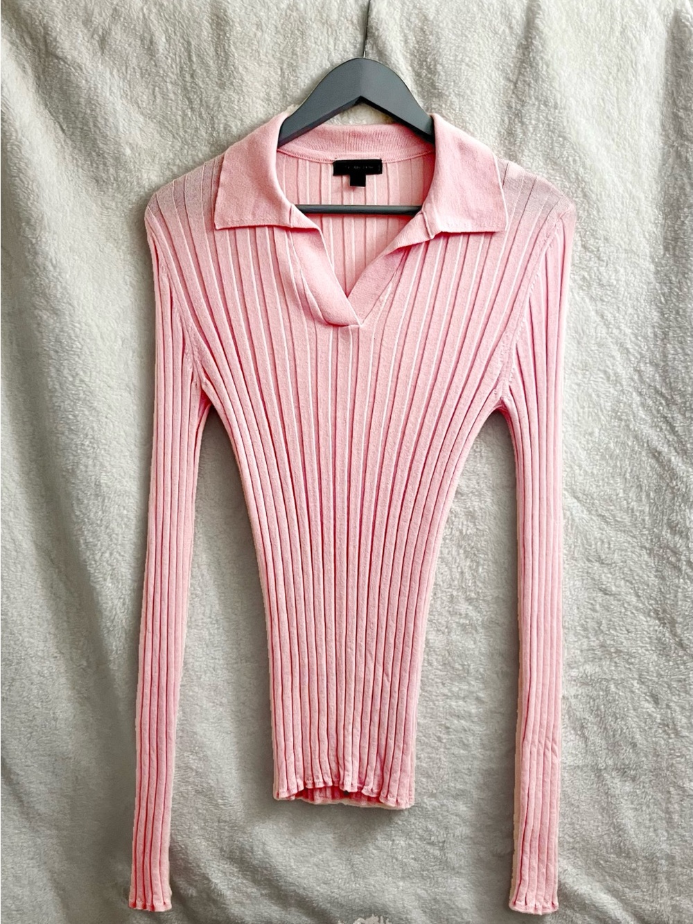 Saks Fifth Avenue Italy 100% Wool Ribbed Knit Pink Collared Sweater Womens L